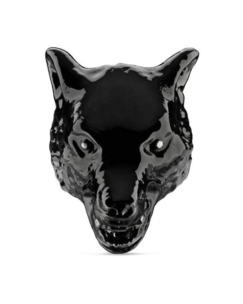 Gucci Black Anger Forest Wolf Head Ring In Enamel .